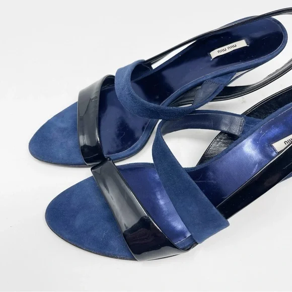 Miu Miu Navy Black Suede Patent Leather Slingback Sandals Heels 39.5 - Picture 9 of 11